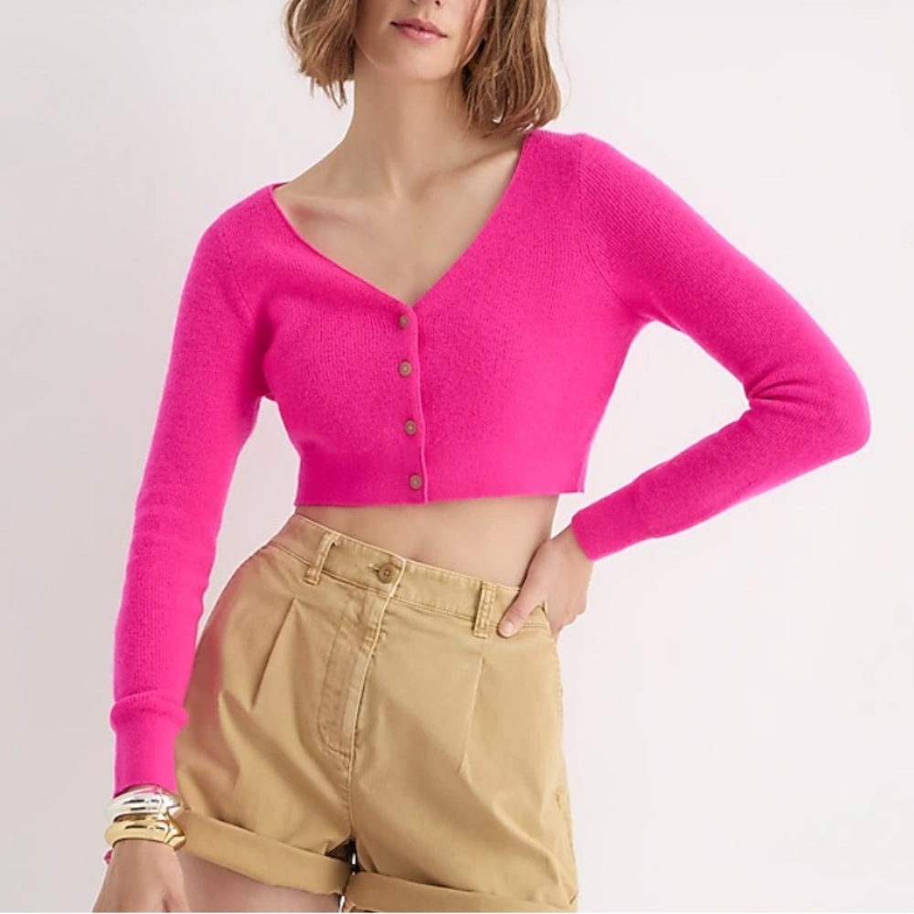 J. CREW Neon Fuchsia Featherweight Cashmere Cropped Cardigan Sweater XS - Picture 2 of 5
